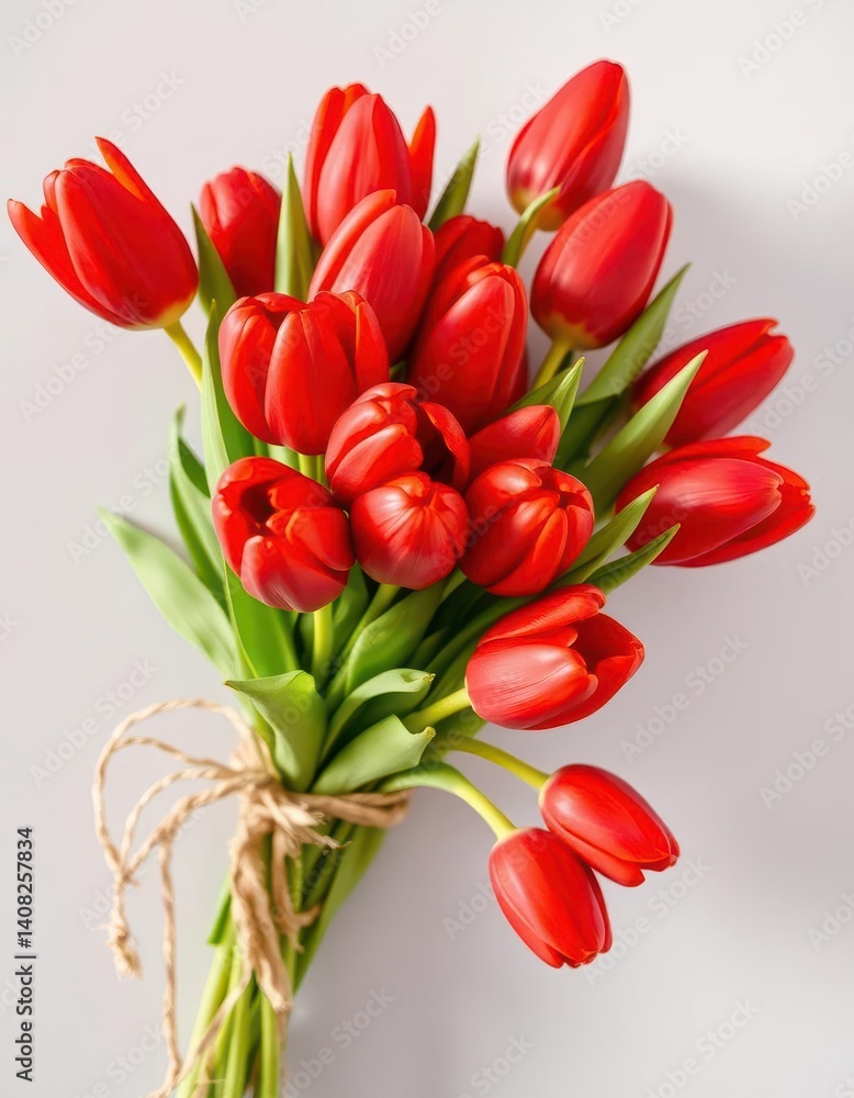 Fototapeta premium A vibrant bouquet of red tulips tied simply with raffia, close up, tulips bouquet, spring flowers