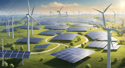 Sustainable Energy Sources Wind Turbines and Solar Panels – Vector Illustration