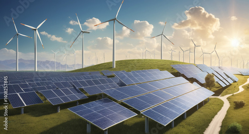 Sustainable Energy Sources Wind Turbines and Solar Panels – Vector Illustration