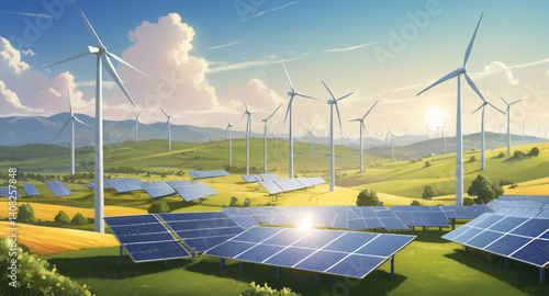 Sustainable Energy Sources Wind Turbines and Solar Panels – Vector Illustration