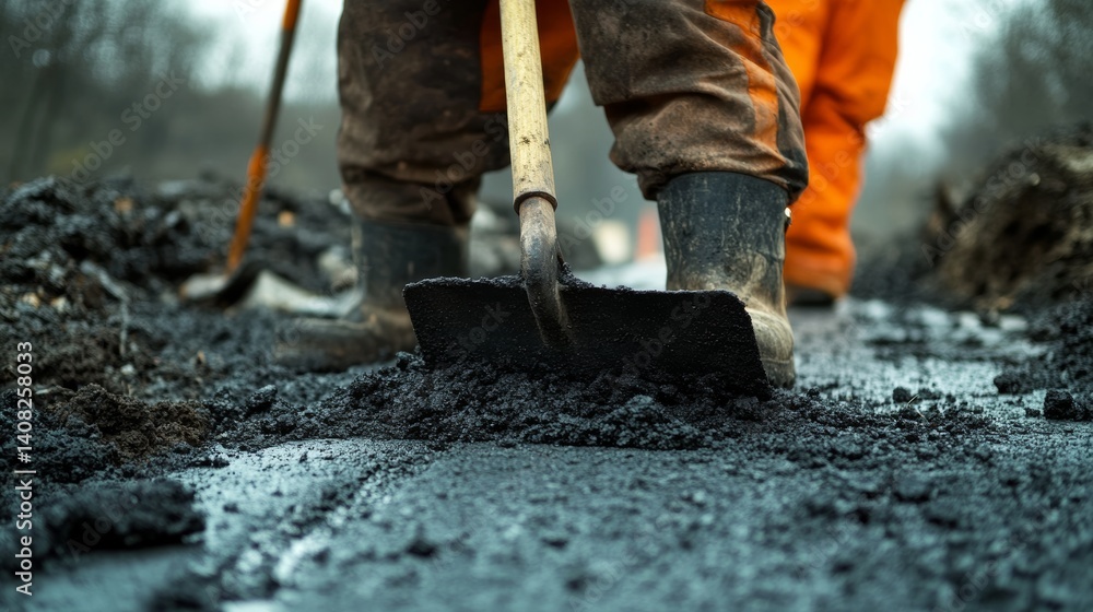 Naklejka premium Road worker repairing a section of pavement. Featuring efficiency and focus