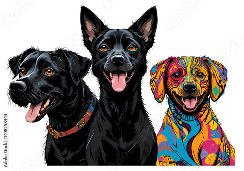 group of beautiful dogs breeds with geometric and pop-art styles on white background
