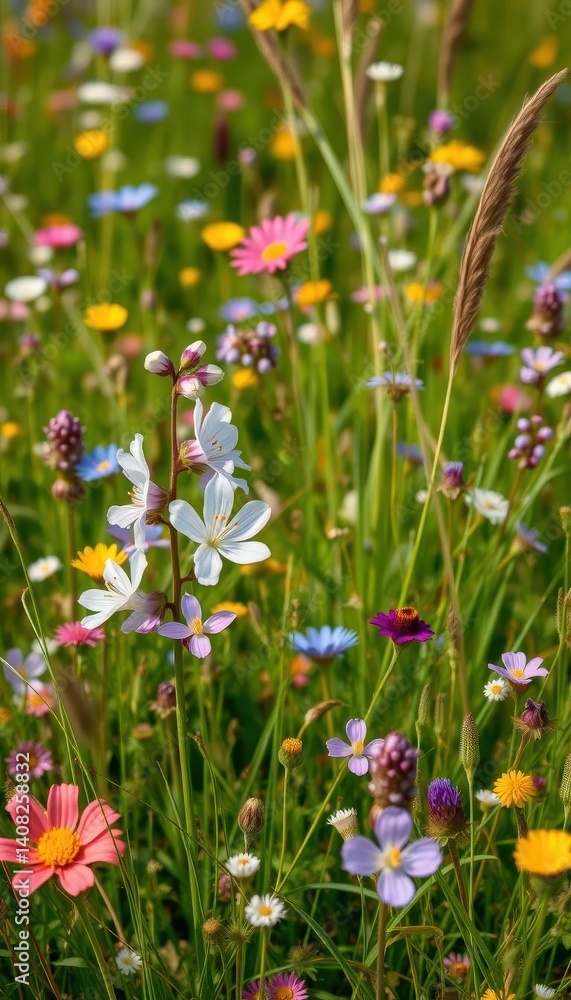 Delicate Campanula blossoms amidst a vibrant meadow of wildflowers and grasses, delicate, spring, detail Delicate Campanula blossoms amidst a vibrant meadow of wildflowers and grasses, delicate, spring, detail