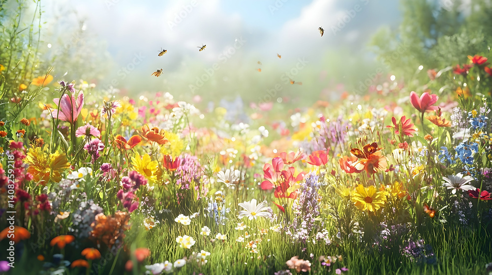 Fototapeta premium Vibrant meadow bursts with colorful flowers and buzzing bees.