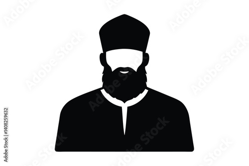 Black and white image of a man with beard and traditional hat