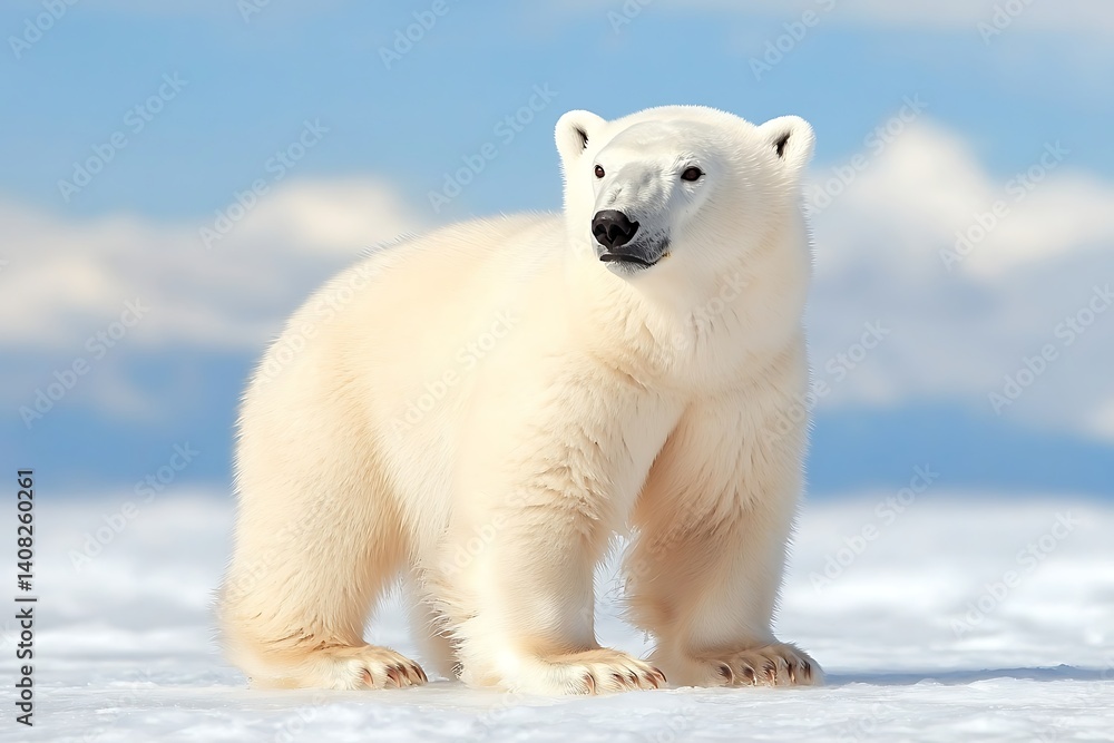 Fototapeta premium Polar Bear on Snow, Sunny Day