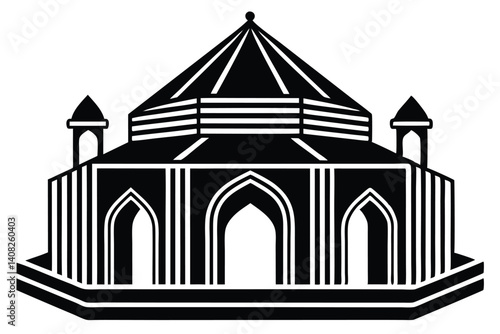 Monochromatic depiction of an ancient mausoleum or temple with prominent archways