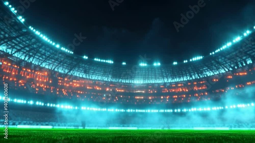 Futuristic Empty Stadium at Night with Blue and Orange Lights and Dramatic Fog Atmosphere