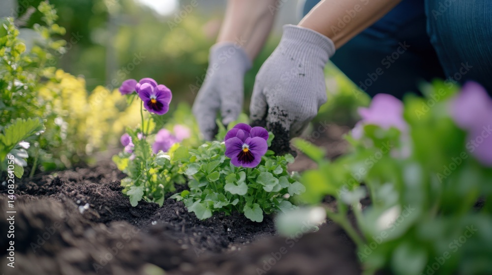 Fototapeta premium Landscaper planting flowers in garden bed. Featuring care and attention to detail