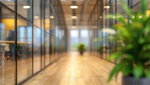 Wallpaper Mural Modern Office Corridor: Glass Walls, Wooden Floors, and Plants Torontodigital.ca