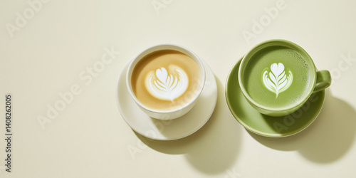 Latte Art Delights: A classic coffee latte with delicate heart-shaped latte art sits beside a vibrant green matcha latte, a delightful combination of flavors and visual appeal.