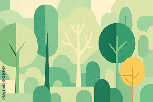 Abstract Minimal Forest Illustration in Warm Green and Teal Tones