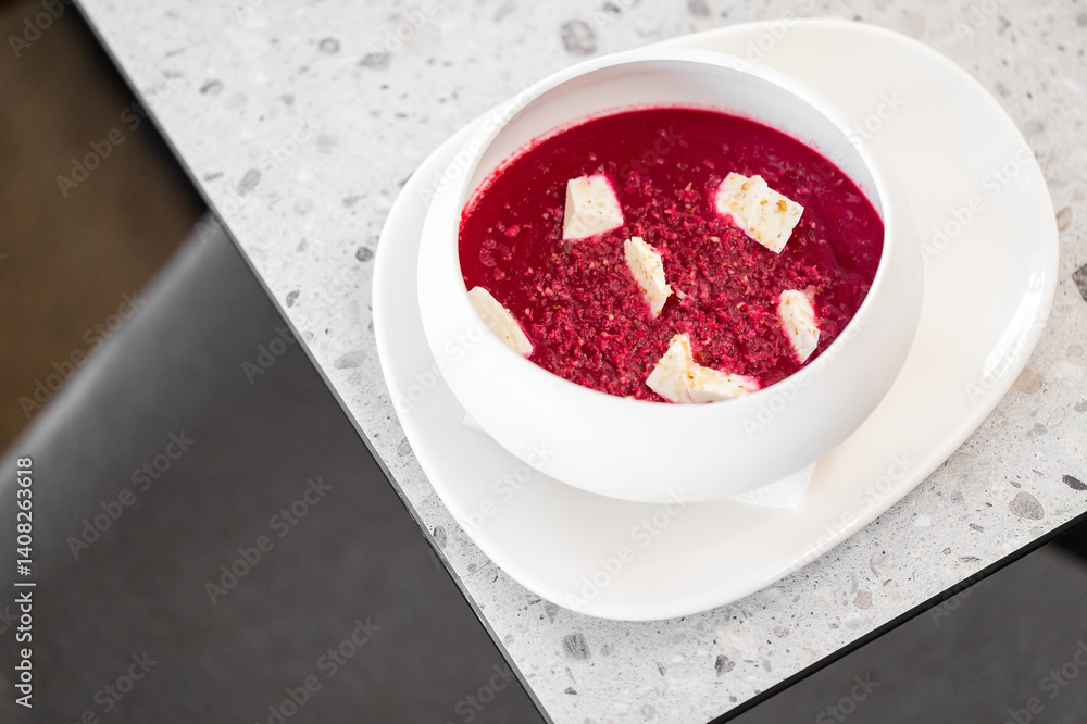 A vibrant bowl of beetroot soup topped with crumbled cheese and spices, served on a white plate on a speckled countertop, showcasing healthy and colorful cuisine. A vibrant bowl of beetroot soup topped with crumbled cheese and spices, served on a white plate on a speckled countertop, showcasing healthy and colorful cuisine.