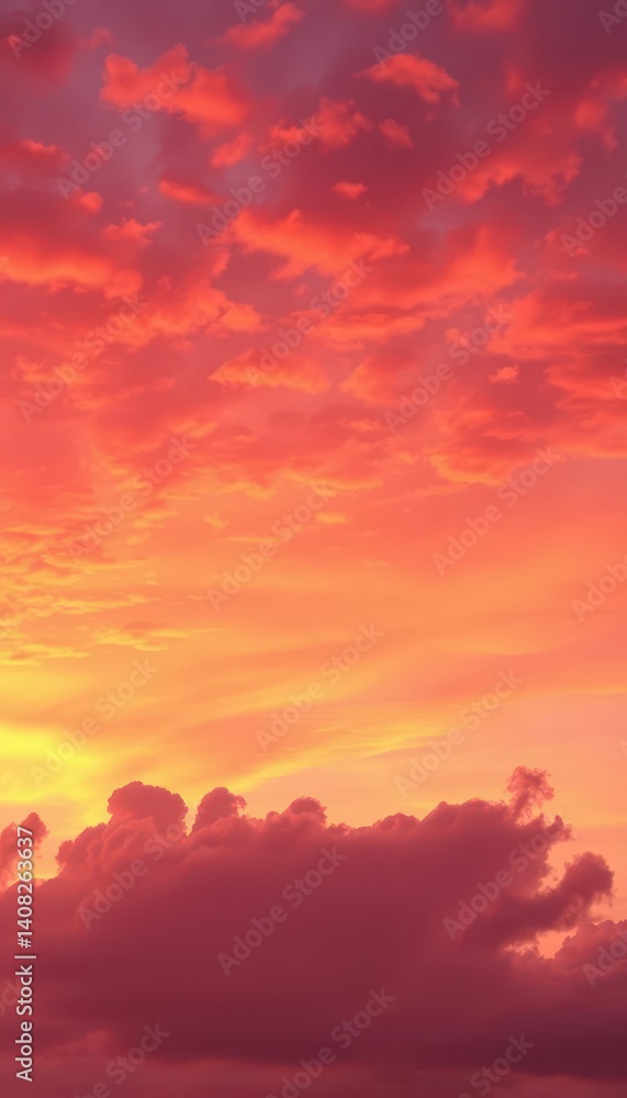 Fototapeta premium Vibrant hues of orange, pink, and purple paint the twilight sky, clouds ablaze with fiery color, bright, twilight