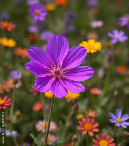 Vibrant purple flower blooms in a field of wildflowers, summer, flora
