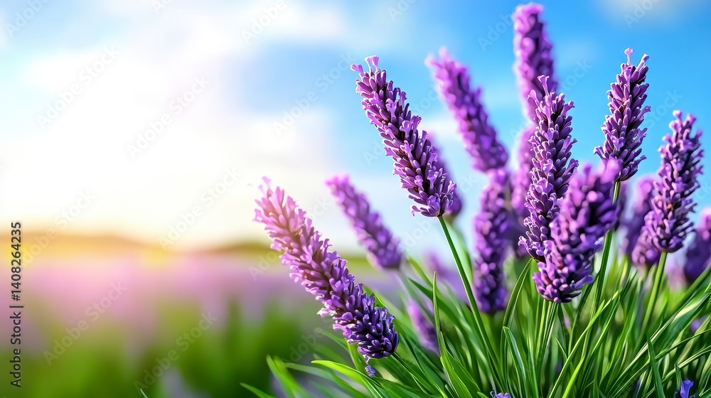 Fototapeta premium Vibrant Lavender Fields Under Bright Blue Sky at Golden Hour