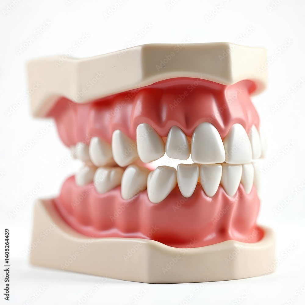 Obraz premium Detailed dental model jaw, teeth on white backdrop. Oral health care concept. Educational material for dentist, dental student, patient. Perfect for dental clinic, medical, healthcare, science,