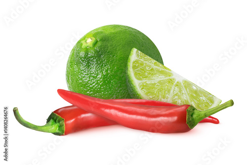Chili peppers and limes on isolated white background. Two chili peppers, one whole lime and one lime slice.
