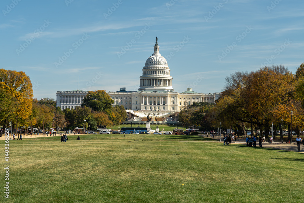 Wide View of US Capitol Building from the National Mall in Autumn