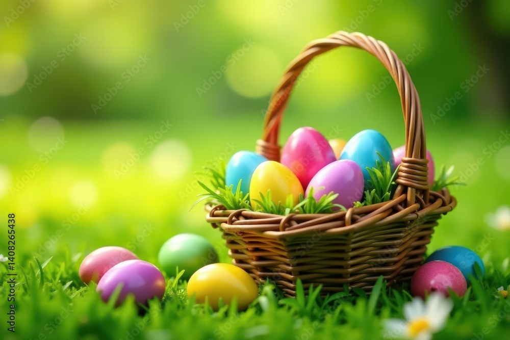 Colorful Easter eggs in woven basket, scattered on green meadow, photography, floral Colorful Easter eggs in woven basket, scattered on green meadow, photography, floral