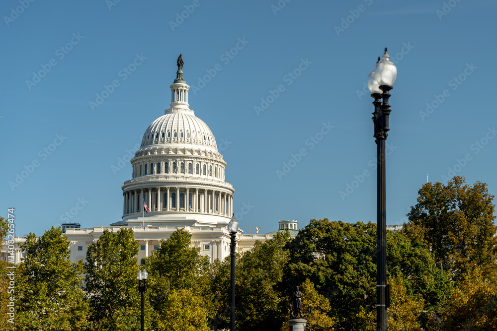 United States Capitol Dome Framed by Lamp Posts and Autumn Foliage in Washington DC