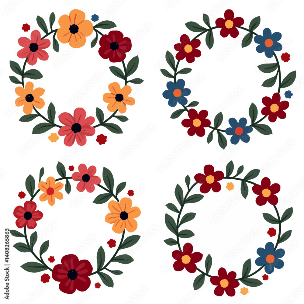 Round floral frame of small flower bushes in delicate flowers in the Scandinavian style on a white background. Round floral frame of small flower bushes in delicate flowers in the Scandinavian style on a white background.