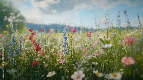 Fototapeta Naklejka Na Ścianę i Meble -  Vibrant meadow flowers under a summer sky.