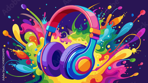 Headphone and vivid color powder. Creative music and festival concept