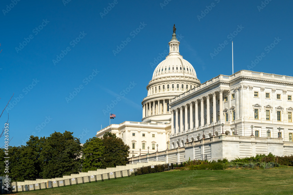 Wide-Angle View of the US Capitol Building with Dome and Facade in Washington DC