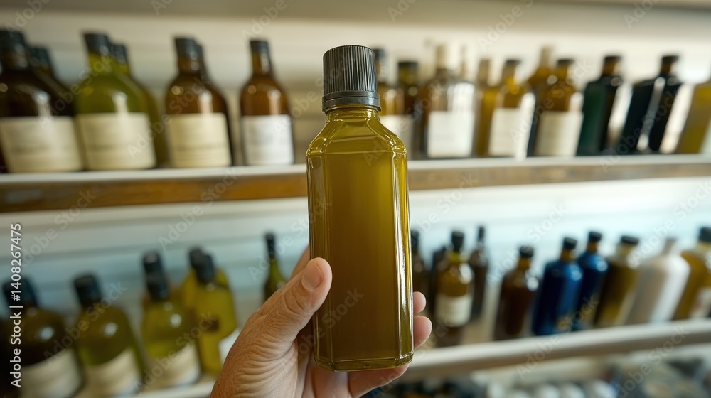 Hand holding olive oil bottle in supermarket, choosing best product