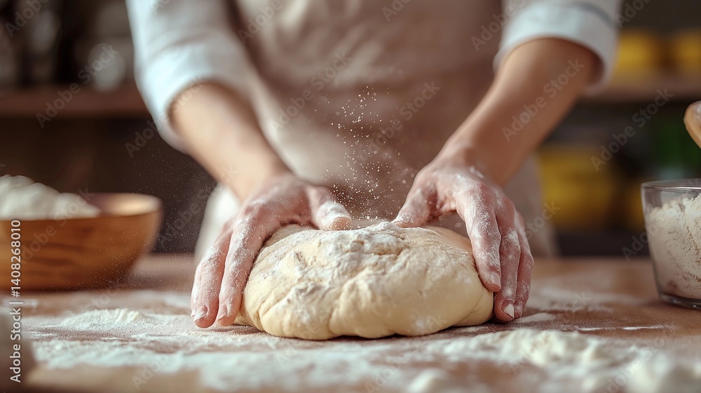 Hands kneading dough on a flour-covered kitchen countertop Hands kneading dough on a flour-covered kitchen countertop
