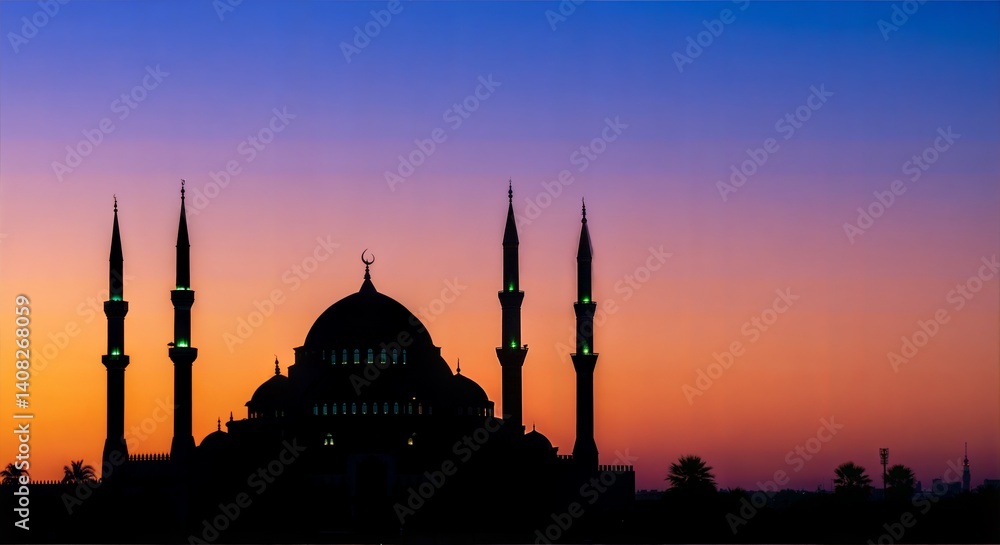 Obraz premium Mosque silhouette against a vibrant sunset background 