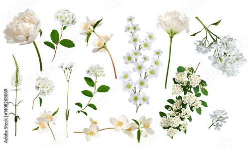 Set of beautiful white flowers isolated on white background. Perfect for creating flower arrangements, cards, wedding invitations, frames, wreaths, collages