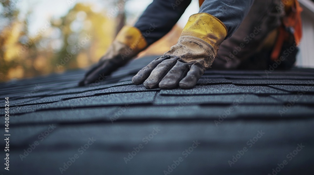 Roofer applying roofing shingles on a house. Featuring attention to detail and safety Roofer applying roofing shingles on a house. Featuring attention to detail and safety
