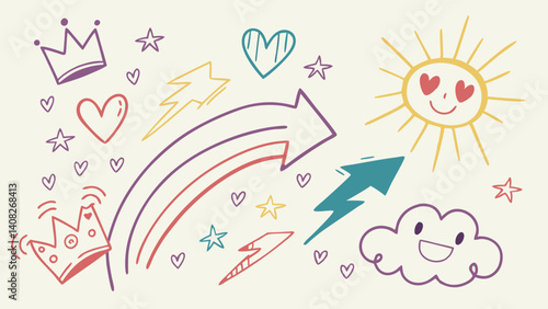 Whimsical Doodle Collection Rainbow, Hearts, Crowns, and Stars