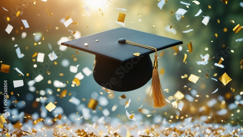 A black graduation cap with a gold tassel soars into the air, surrounded by a lively burst of celebratory confetti in an outdoor setting