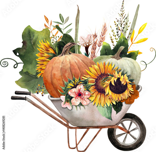 Watercolor Autumn Wheelbarrow with Pumpkins and Sunflowers