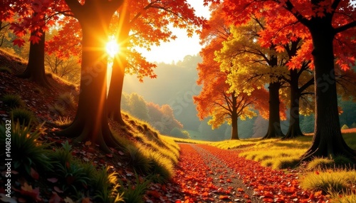 Sun-drenched autumn scene; colorful leaves on trees , fall, golden