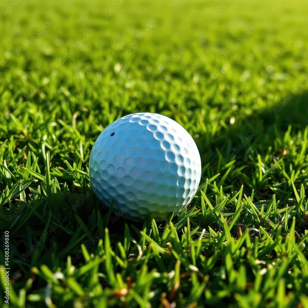 Obraz premium Sunlit golf ball rests on green grass, shadows cast, sport, hole, grass