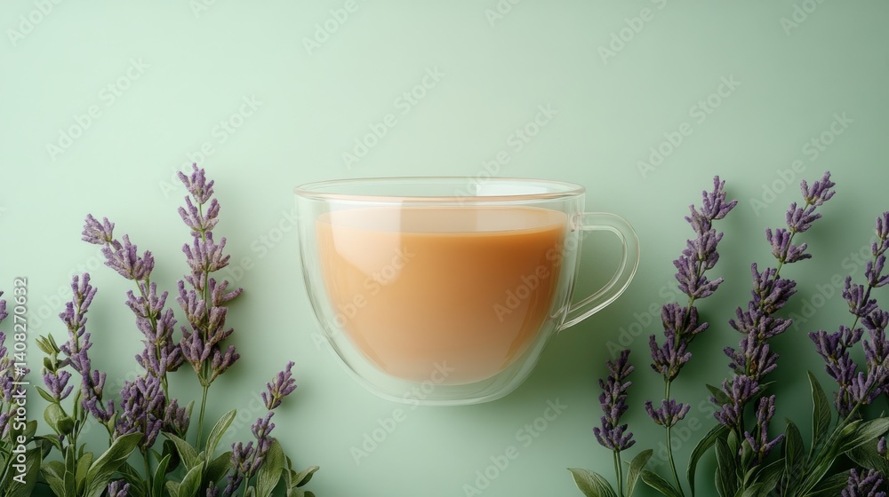 Warm vegan chai in a modern clear cup against a pale green background Warm vegan chai in a modern clear cup against a pale green background