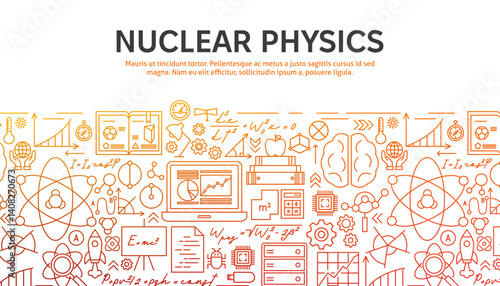 Nuclear Physics Outline Concept. Vector Illustration of Outline Design. Science, Biology, Chemistry and Laboratory Web Banner.