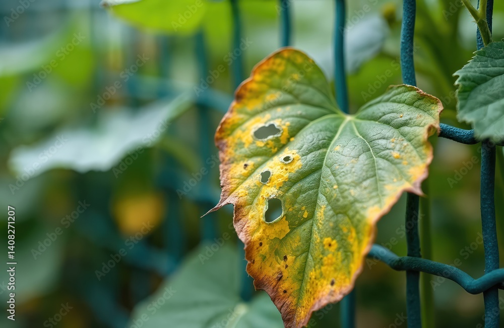 Obraz premium Close-up sick cucumber plant leaf. Plant disease, leaf spot, yellow spots. Holes on leaf. Agriculture eco-friendly eco farm, gardening, harvest, farming. Organic food cultivation.