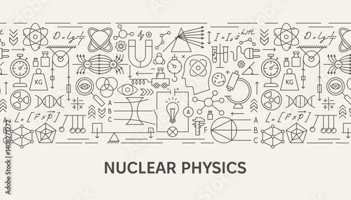 Nuclear Physics Web Banner Concept. Vector Illustration of Outline Design. Science, Biology, Chemistry and Laboratory Template.