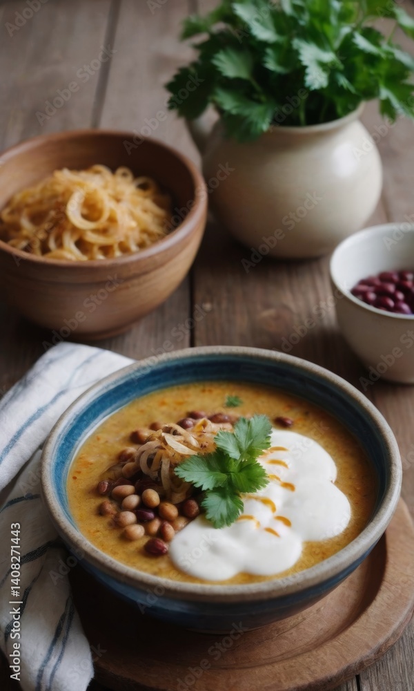 Delicious homemade soup served with yogurt, herbs, and beans on a rustic wooden table Delicious homemade soup served with yogurt, herbs, and beans on a rustic wooden table