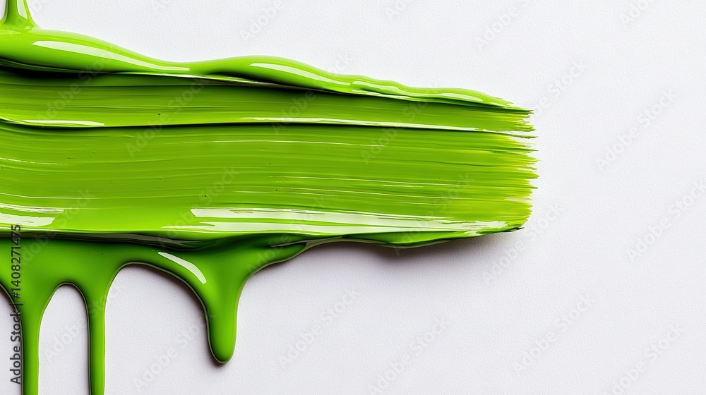 Close-up image of a paintbrush with green paint dripping down from its top to the tip Close-up image of a paintbrush with green paint dripping down from its top to the tip