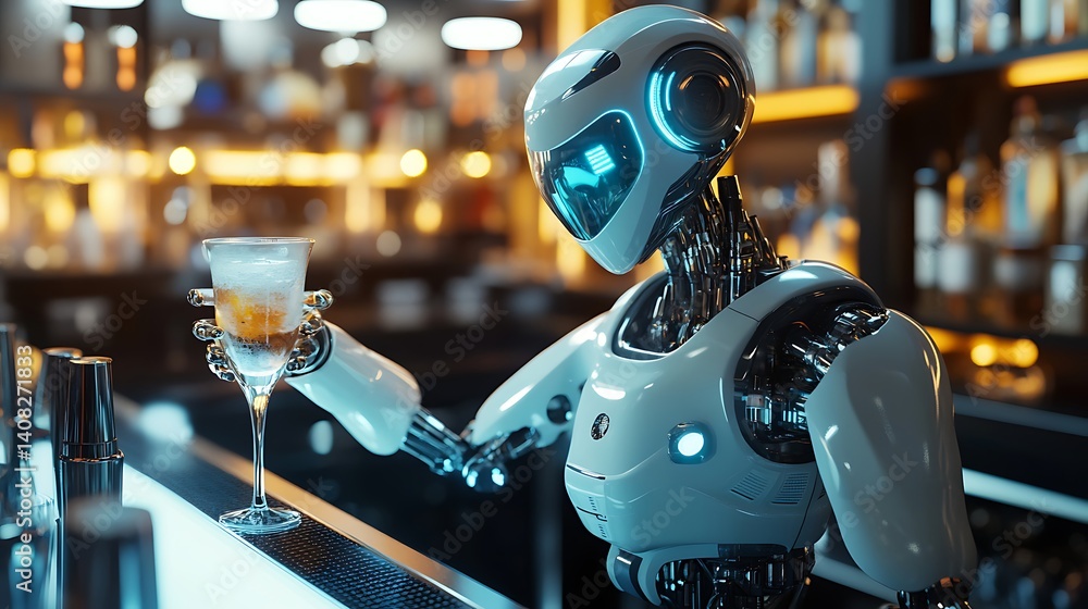 Robotic bartender pouring martini at glowing futuristic bar image