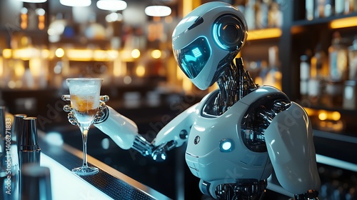 Obraz na płótnie Robotic bartender pouring martini at glowing futuristic bar image w salonie