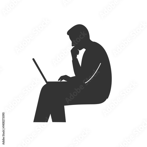 Online Therapy Laptop Session Thinking Silhouette Vector