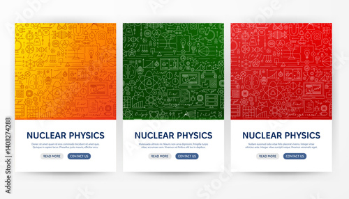 Nuclear Physics Flyer Concepts. Vector Illustration of Outline Design. Science, Biology, Chemistry and Laboratory Poster Template Set.