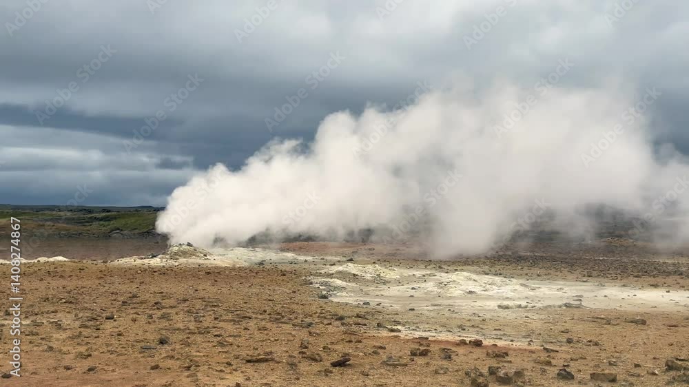 Steaming fumarole at the hot springs around the geothermal area of Hverir in Iceland